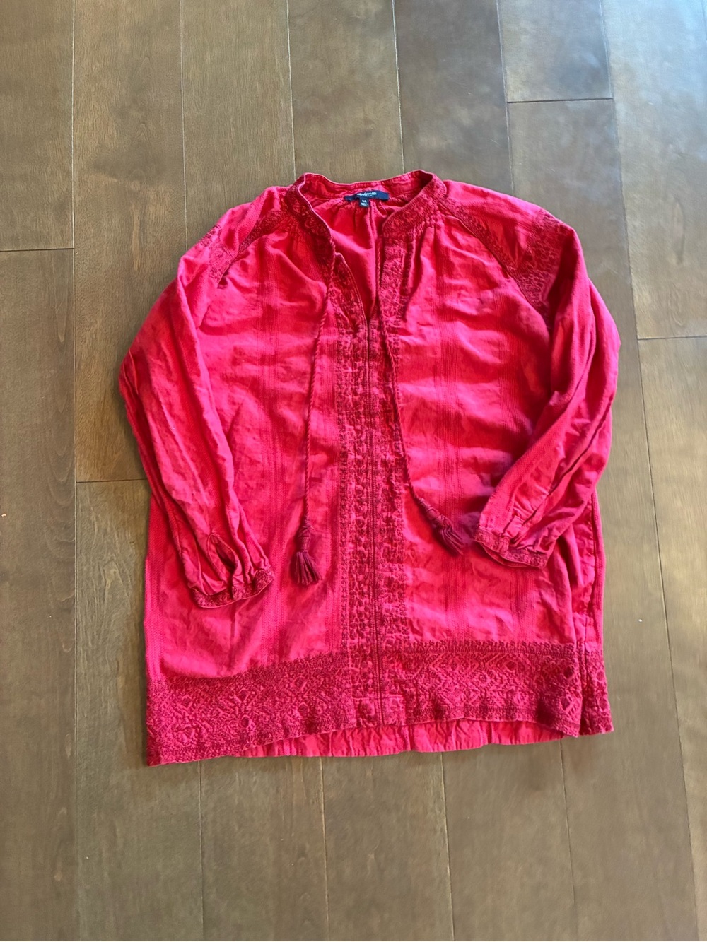 Madewell Red Embroidered V-Neck Peasant Top